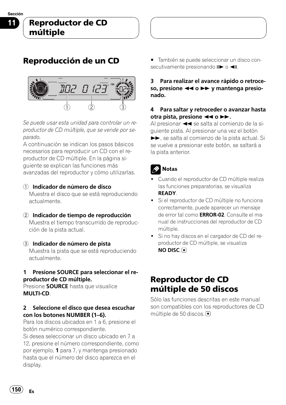 Discos 150, Reproducción de un cd, Reproductor de cd múltiple de 50 discos | Reproductor de cd múltiple | Pioneer DVH-P5000MP User Manual | Page 150 / 204
