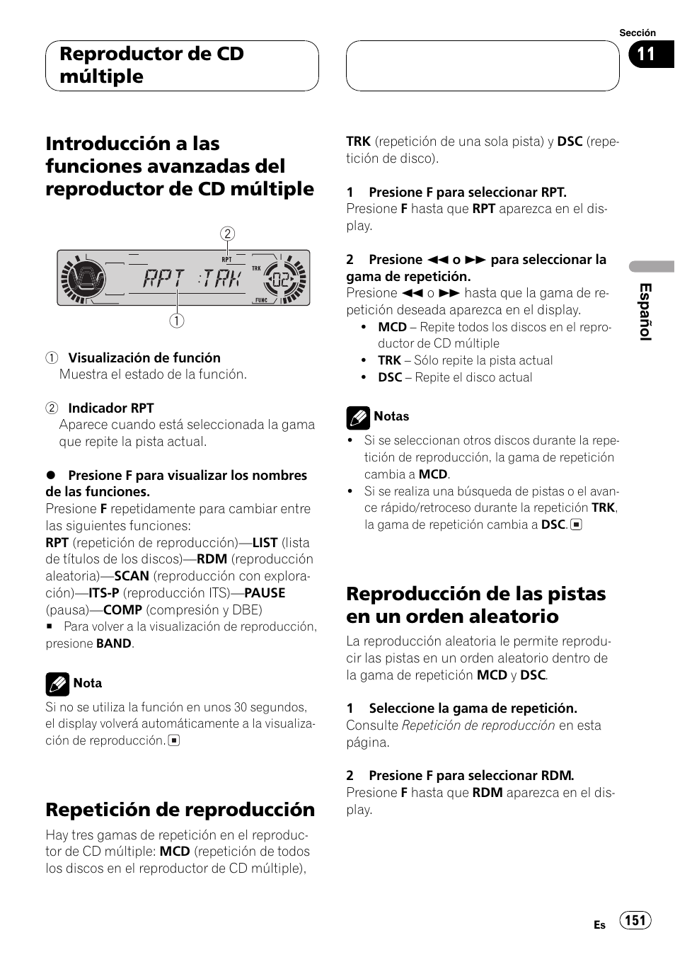 Introducción a las funciones avanzadas del, Reproductor de cd múltiple 151, Aleatorio 151 | Repetición de reproducción, Reproducción de las pistas en un orden aleatorio, Reproductor de cd múltiple | Pioneer DVH-P5000MP User Manual | Page 151 / 204