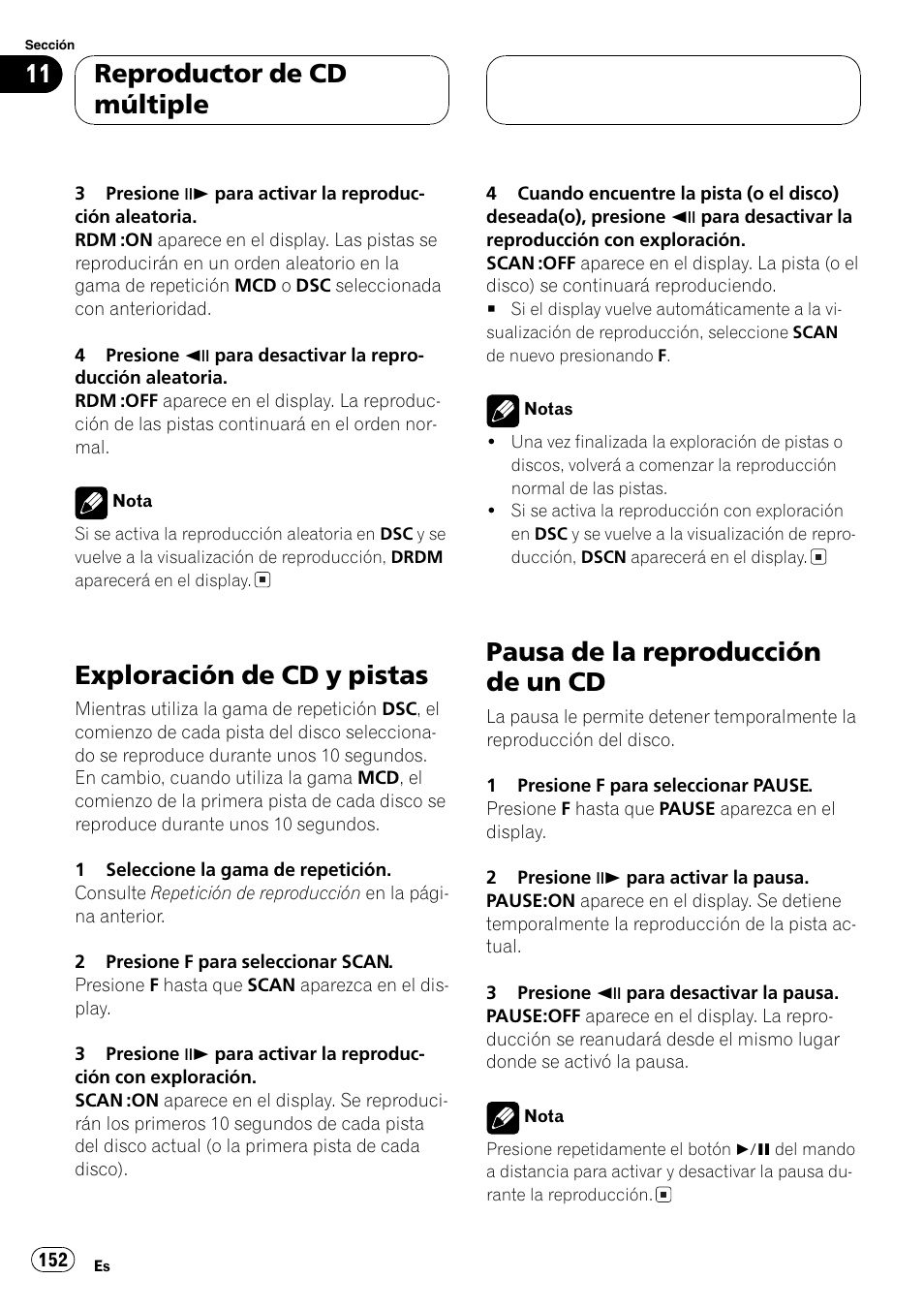 Exploración de cd y pistas, Pausa de la reproducción de un cd, Reproductor de cd múltiple | Pioneer DVH-P5000MP User Manual | Page 152 / 204