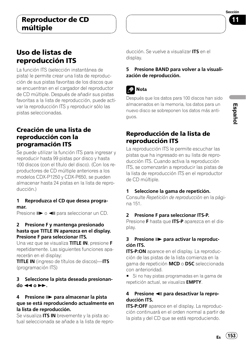 Uso de listas de reproducción its 153, Uso de listas de reproducción its, Reproductor de cd múltiple | Pioneer DVH-P5000MP User Manual | Page 153 / 204