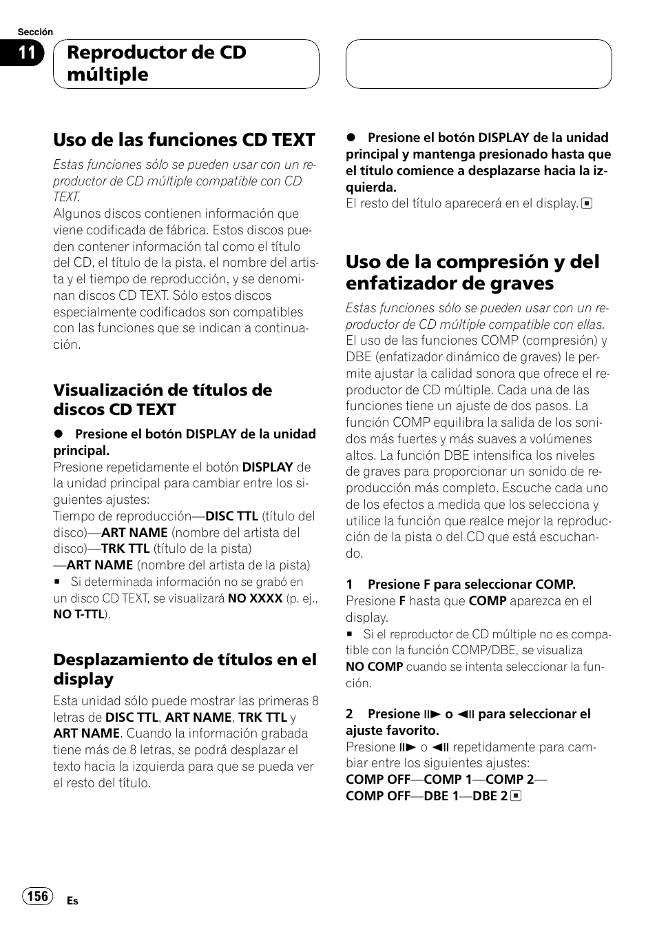 Uso de las funciones cd text 156, Uso de la compresión y del enfatizador de, Graves 156 | Uso de las funciones cd text, Uso de la compresión y del enfatizador de graves, Reproductor de cd múltiple | Pioneer DVH-P5000MP User Manual | Page 156 / 204