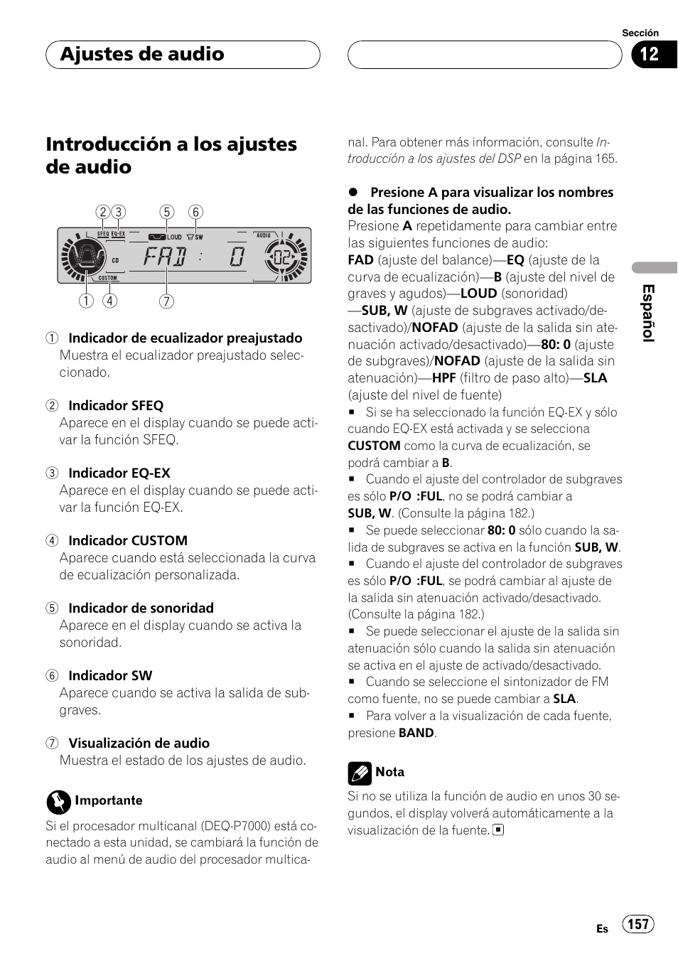 Introducción a los ajustes de audio, Ajustes de audio | Pioneer DVH-P5000MP User Manual | Page 157 / 204