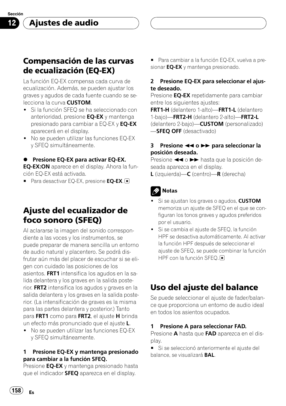 Compensación de las curvas de ecualización, Eq-ex) 158, Ajuste del ecualizador de foco sonoro | Sfeq) 158, Uso del ajuste del balance 158, Compensación de las curvas de ecualización (eq-ex), Ajuste del ecualizador de foco sonoro (sfeq), Uso del ajuste del balance, Ajustes de audio | Pioneer DVH-P5000MP User Manual | Page 158 / 204