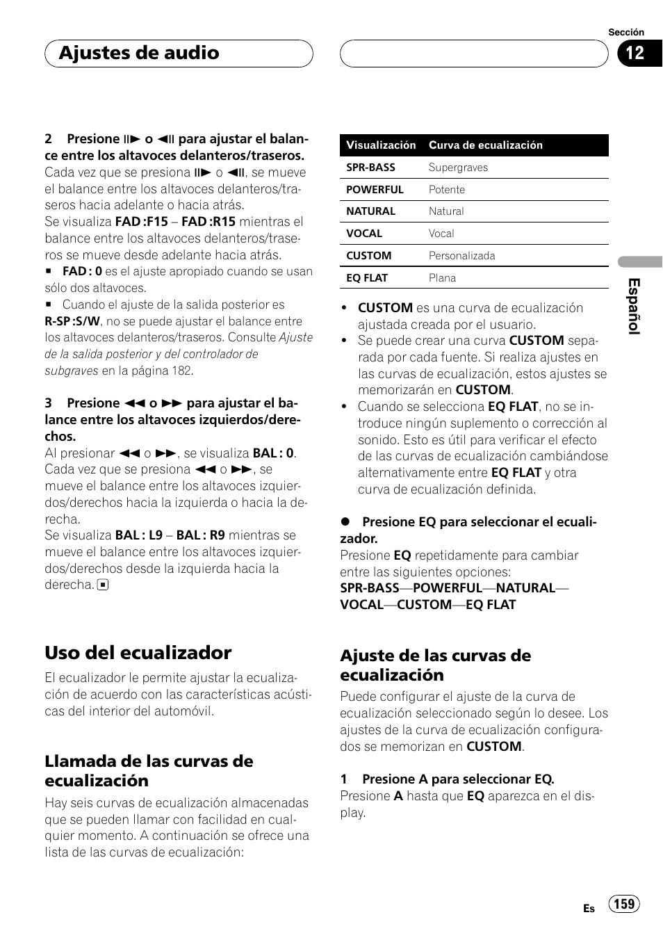 Uso del ecualizador 159, Uso del ecualizador, Ajustes de audio | Llamada de las curvas de ecualización, Ajuste de las curvas de ecualización | Pioneer DVH-P5000MP User Manual | Page 159 / 204