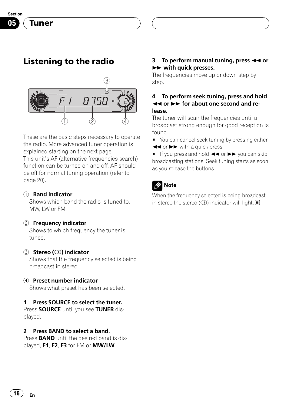 Tuner listening to the radio 16, Listening to the radio, Tuner | Pioneer DVH-P5000MP User Manual | Page 16 / 204