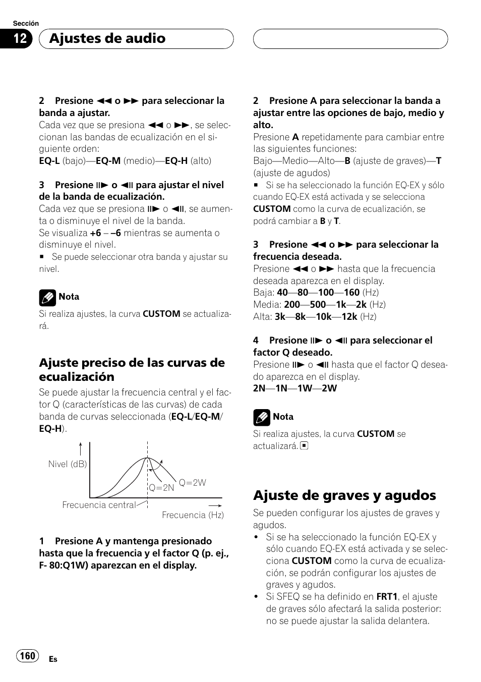 Ajuste de graves y agudos 160, Ajuste de graves y agudos, Ajustes de audio | Ajuste preciso de las curvas de ecualización | Pioneer DVH-P5000MP User Manual | Page 160 / 204