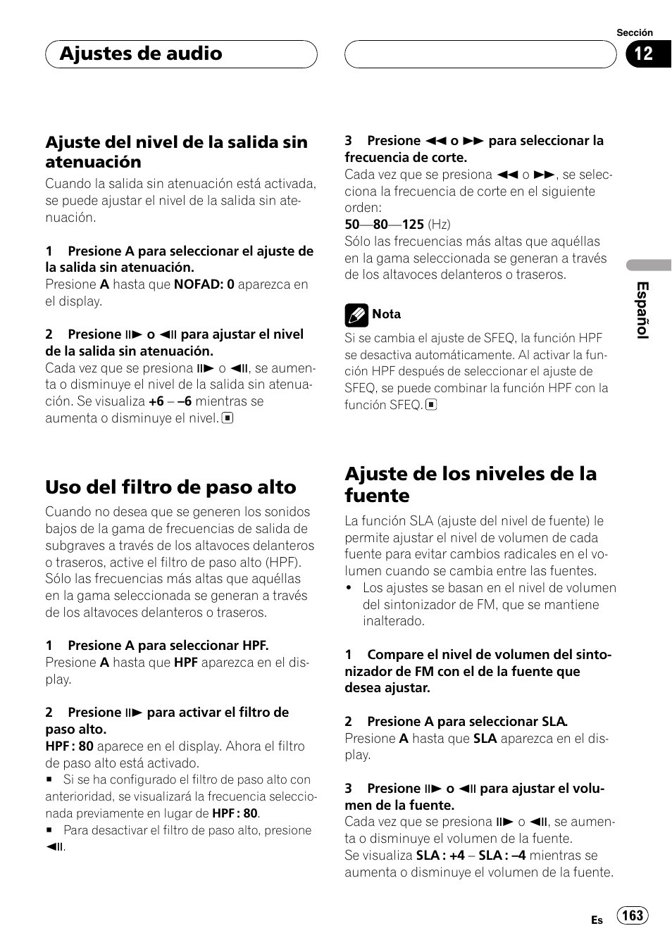 Uso del filtro de paso alto, Ajuste de los niveles de la fuente, Ajustes de audio | Pioneer DVH-P5000MP User Manual | Page 163 / 204