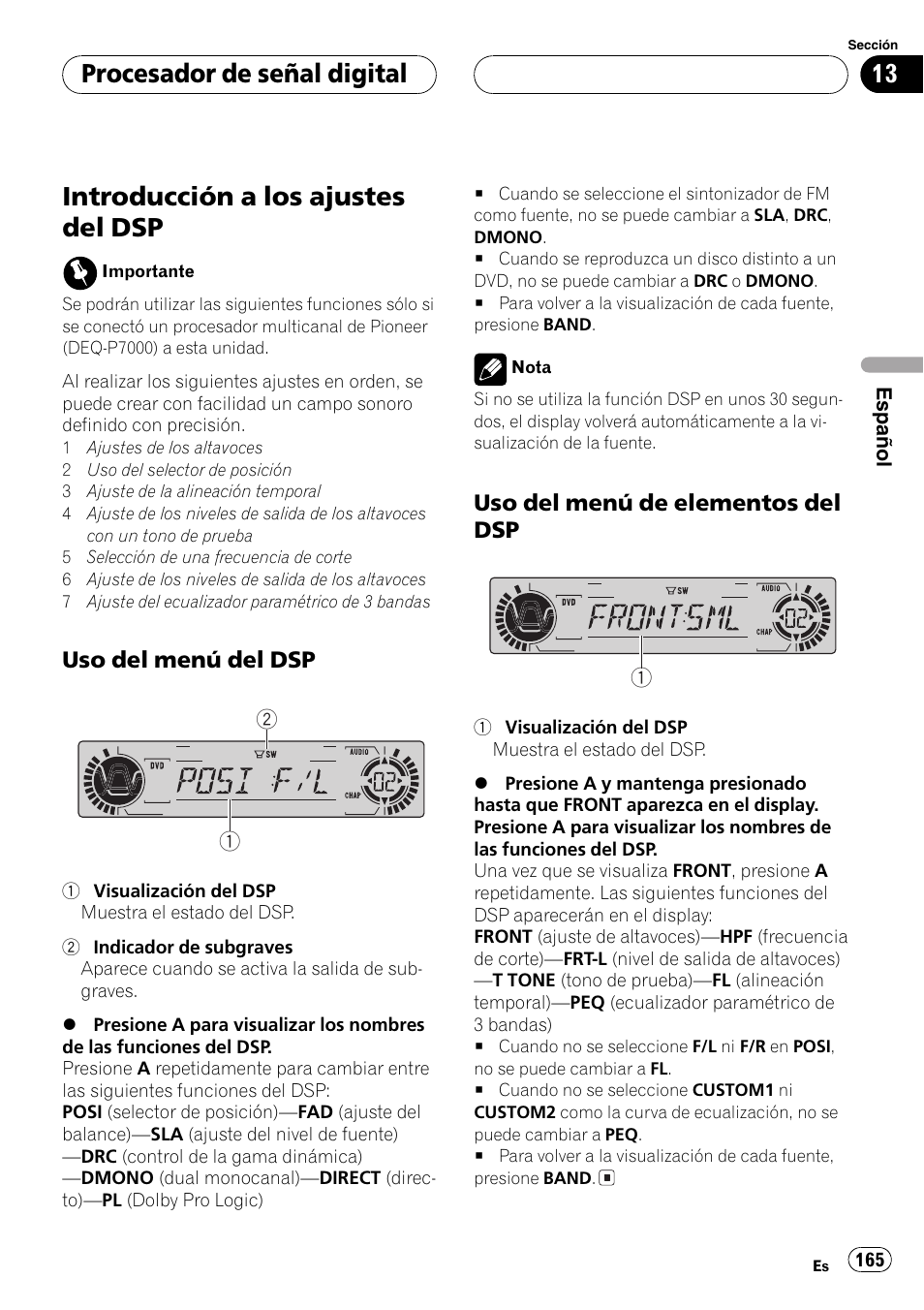 Introducción a los ajustes del dsp, Procesador de señal digital, Uso del menú del dsp | Uso del menú de elementos del dsp | Pioneer DVH-P5000MP User Manual | Page 165 / 204