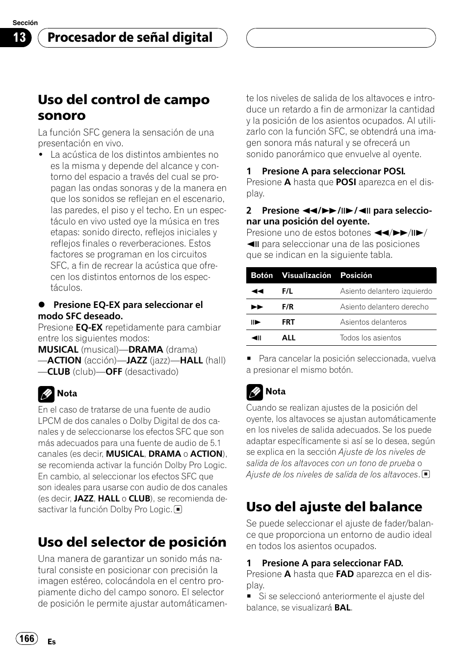 Uso del selector de posición, Uso del control de campo sonoro, Uso del ajuste del balance | Procesador de señal digital | Pioneer DVH-P5000MP User Manual | Page 166 / 204