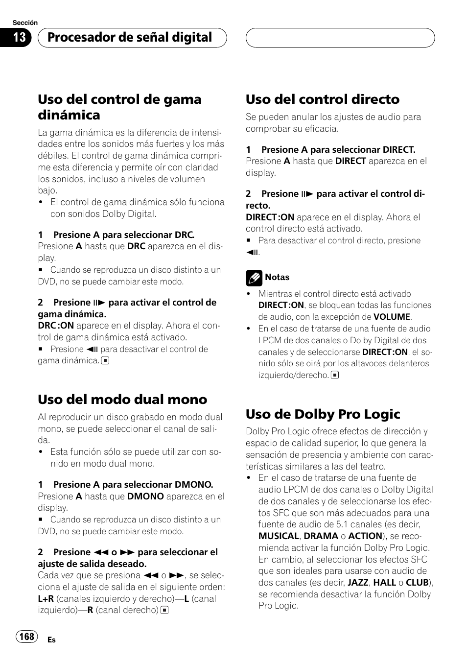 Uso del control de gama dinámica, Uso del modo dual mono, Uso del control directo | Uso de dolby pro logic, Procesador de señal digital | Pioneer DVH-P5000MP User Manual | Page 168 / 204