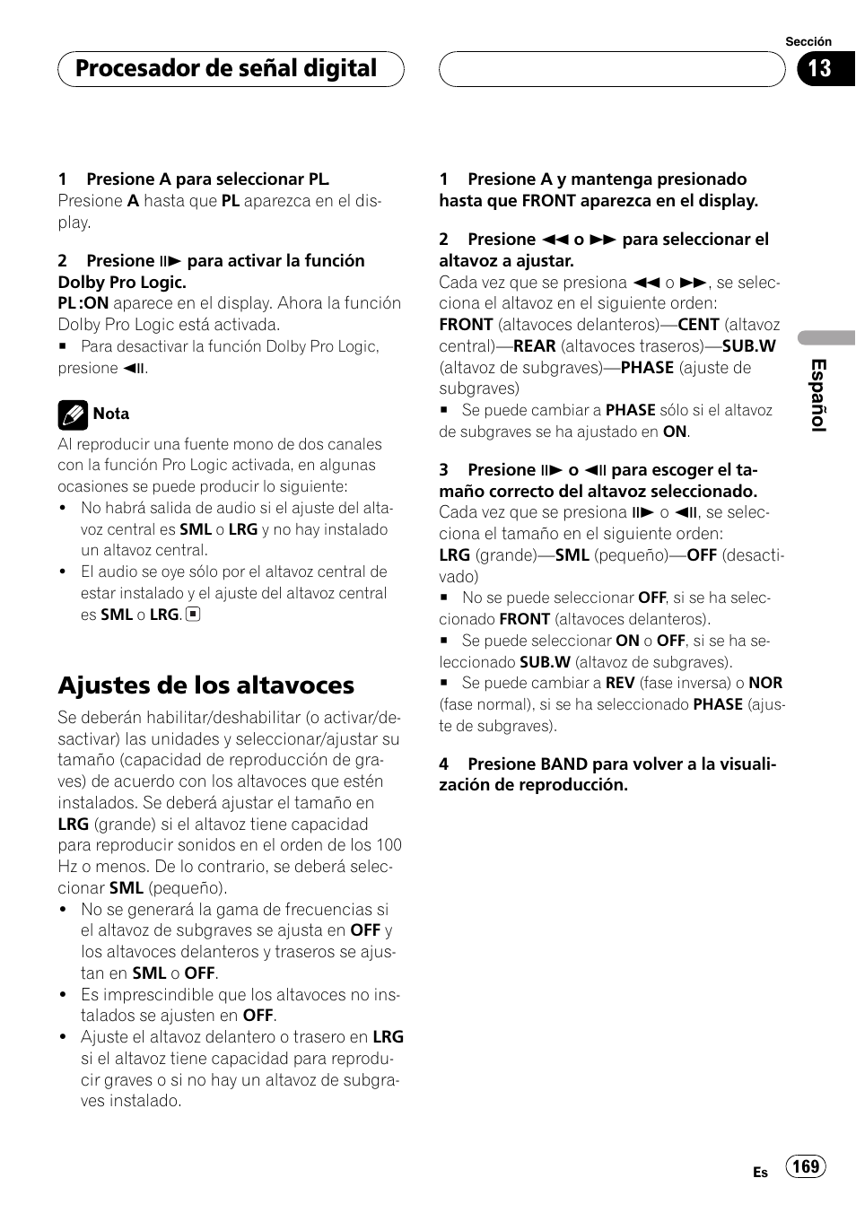 Ajustes de los altavoces 169, Ajustes de los altavoces, Procesador de señal digital | Pioneer DVH-P5000MP User Manual | Page 169 / 204