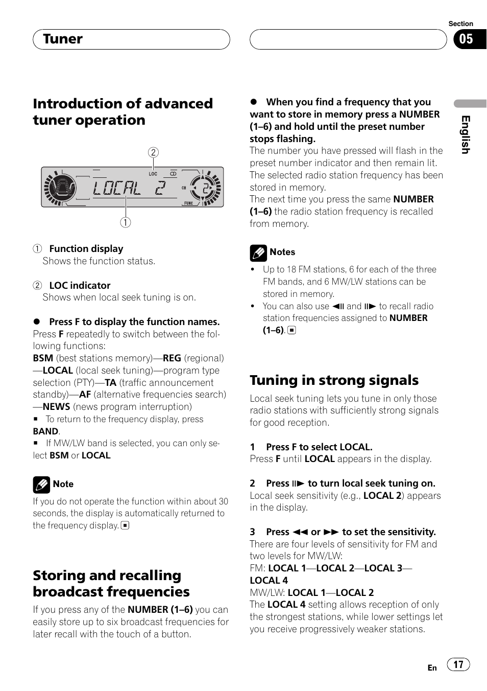Introduction of advanced tuner, Operation 17, Storing and recalling broadcast | Frequencies 17, Tuning in strong signals 17, Introduction of advanced tuner operation, Storing and recalling broadcast frequencies, Tuning in strong signals, Tuner | Pioneer DVH-P5000MP User Manual | Page 17 / 204