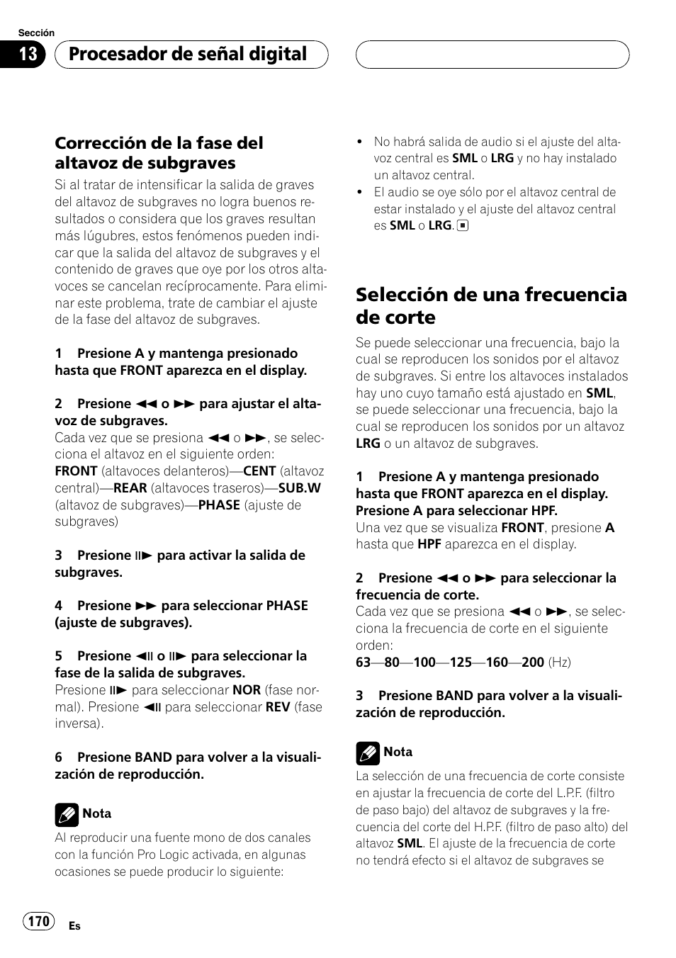 Selección de una frecuencia de corte 170, Selección de una frecuencia de corte, Procesador de señal digital | Corrección de la fase del altavoz de subgraves | Pioneer DVH-P5000MP User Manual | Page 170 / 204
