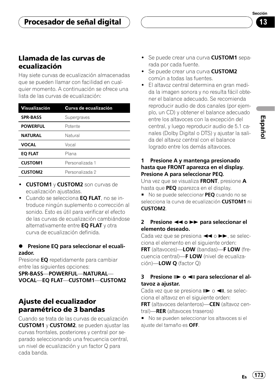 Ajuste del ecualizador paramétrico de 3 bandas, Procesador de señal digital, Llamada de las curvas de ecualización | Pioneer DVH-P5000MP User Manual | Page 173 / 204
