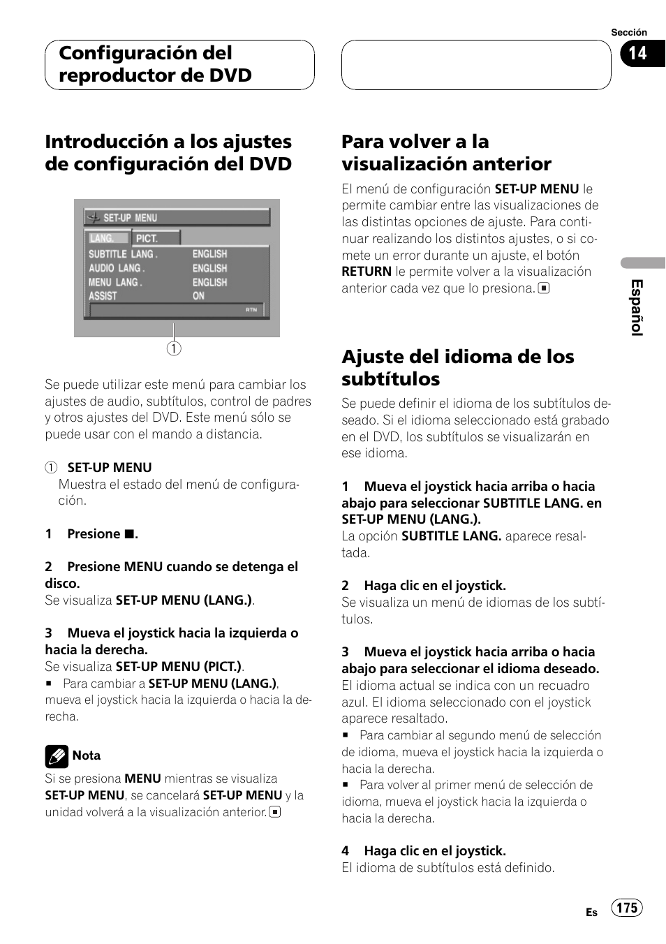Del dvd 175, Ajus- te del idioma de los subtítulos, Para volver a la visualización anterior | Ajuste del idioma de los subtítulos, Configuración del reproductor de dvd | Pioneer DVH-P5000MP User Manual | Page 175 / 204