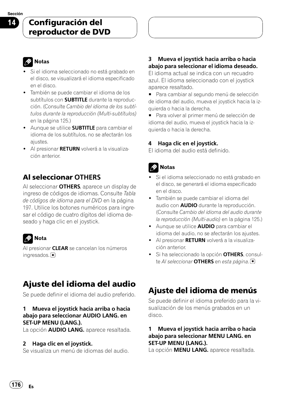 Ajuste del idioma del audio, Ajuste del idioma de menús, Configuración del reproductor de dvd | Al seleccionar others | Pioneer DVH-P5000MP User Manual | Page 176 / 204