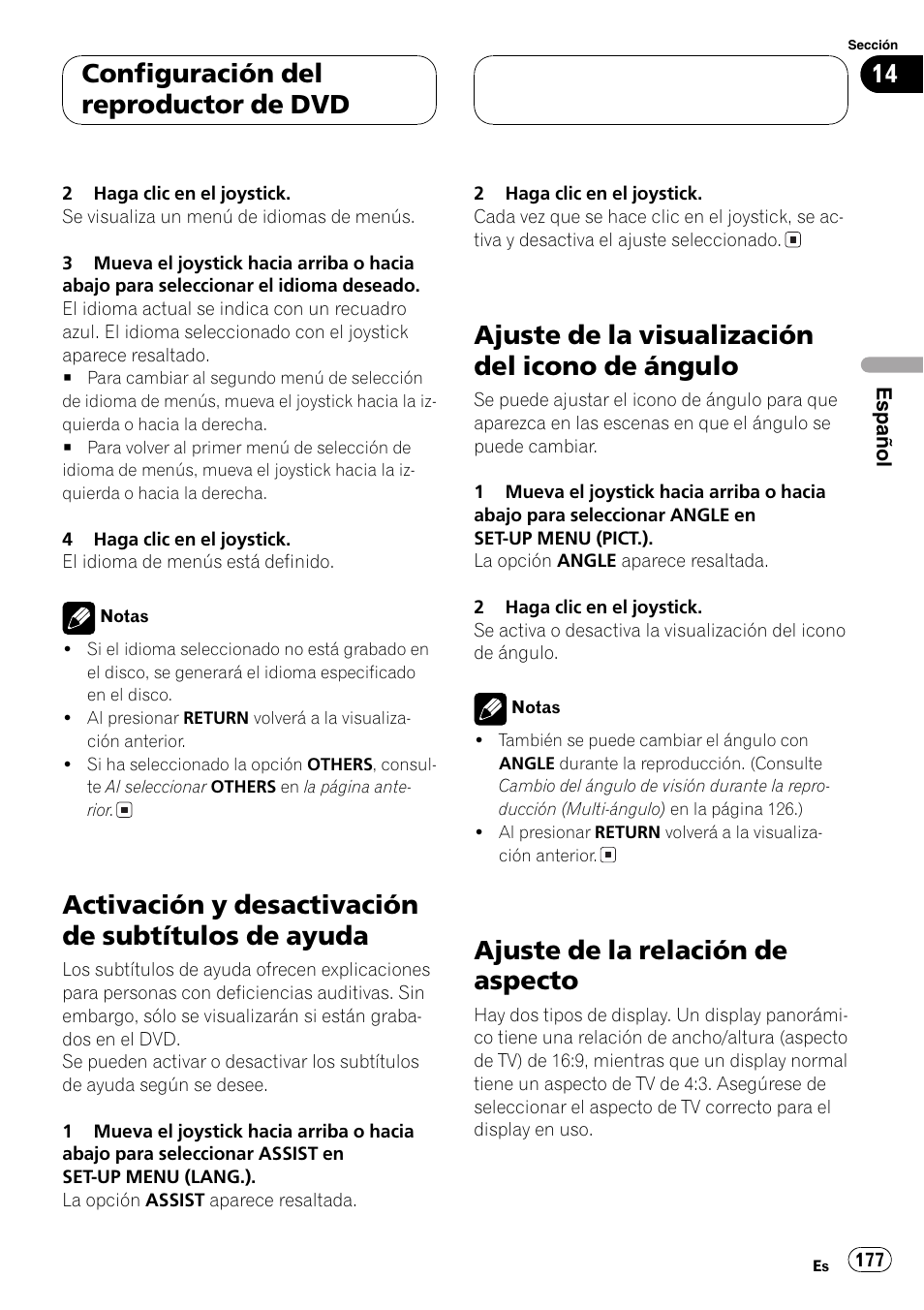 Activación y desactivación de subtítulos de, Ayuda 177, Ajuste de la visualización del icono de | Ángulo 177, Ajuste de la relación de aspecto 177, Ajuste de, La visualización del icono de ángulo en la pá, Gina 177, Activación y desactivación de subtítulos de ayuda, Ajuste de la visualización del icono de ángulo | Pioneer DVH-P5000MP User Manual | Page 177 / 204