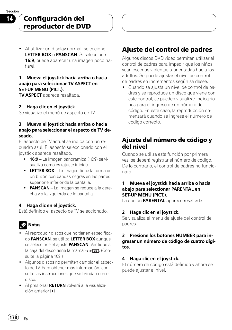 Ajuste del control de padres 178, Ajuste del control de padres, Configuración del reproductor de dvd | Ajuste del número de código y del nivel | Pioneer DVH-P5000MP User Manual | Page 178 / 204