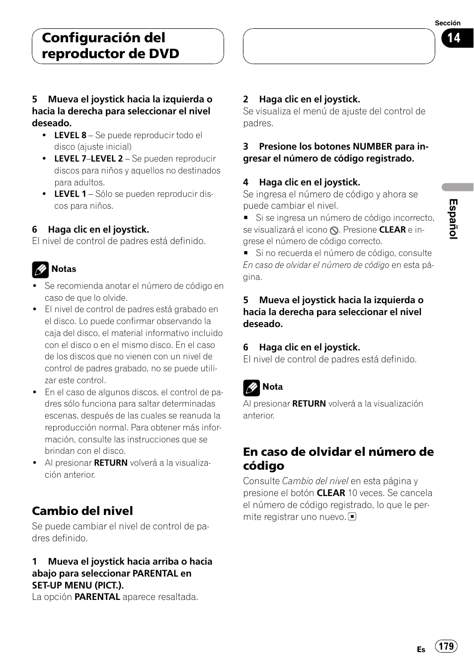 Configuración del reproductor de dvd, Cambio del nivel, En caso de olvidar el número de código | Pioneer DVH-P5000MP User Manual | Page 179 / 204