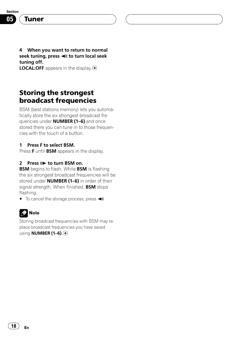 Storing the strongest broadcast, Frequencies 18, Storing the strongest broadcast frequencies | Tuner | Pioneer DVH-P5000MP User Manual | Page 18 / 204