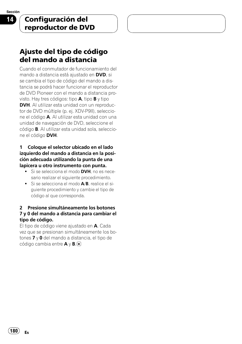 Ajuste del tipo de código del mando a, Distancia 180, Ajuste del tipo de código del mando a distancia | Configuración del reproductor de dvd | Pioneer DVH-P5000MP User Manual | Page 180 / 204