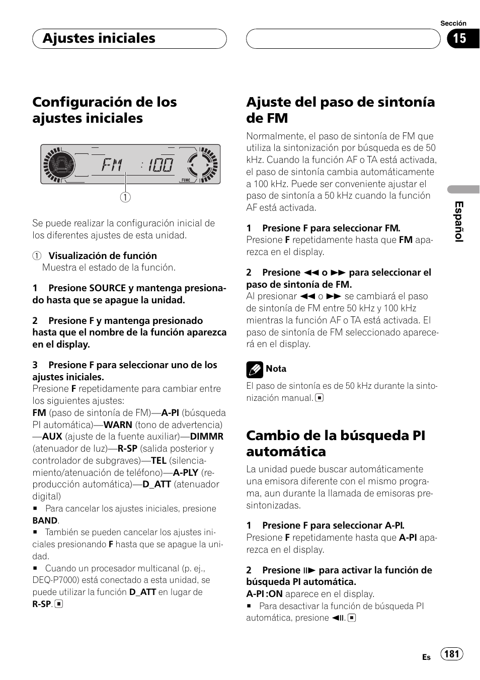 Configuración de los ajustes iniciales, Ajuste del paso de sintonía de fm, Cambio de la búsqueda pi automática | Ajustes iniciales | Pioneer DVH-P5000MP User Manual | Page 181 / 204