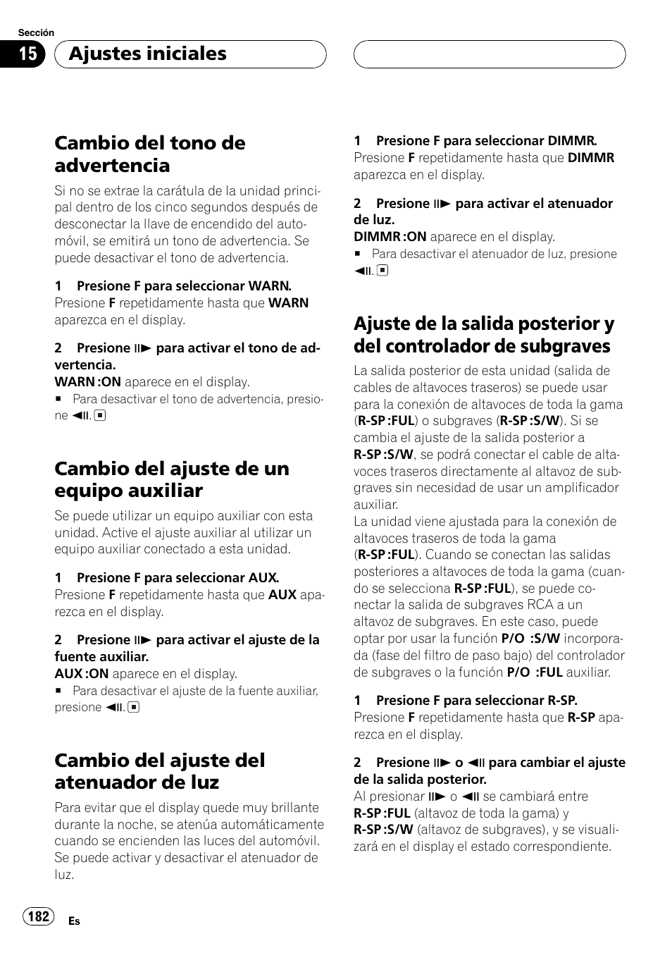Auxiliar 182, De subgraves 182, Cambio del tono de advertencia | Cambio del ajuste de un equipo auxiliar, Cambio del ajuste del atenuador de luz, Ajustes iniciales | Pioneer DVH-P5000MP User Manual | Page 182 / 204