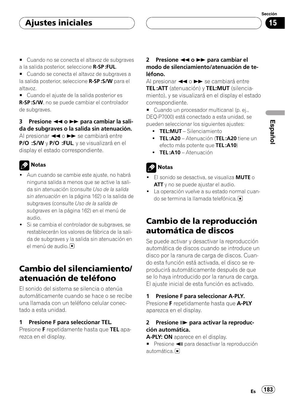 Cambio del silenciamiento/atenuación de, Teléfono 183, Cambio de la reproducción automática de | Discos 183, Cambio del silenciamiento/ atenuación de teléfono, Cambio de la reproducción automática de discos, Ajustes iniciales | Pioneer DVH-P5000MP User Manual | Page 183 / 204