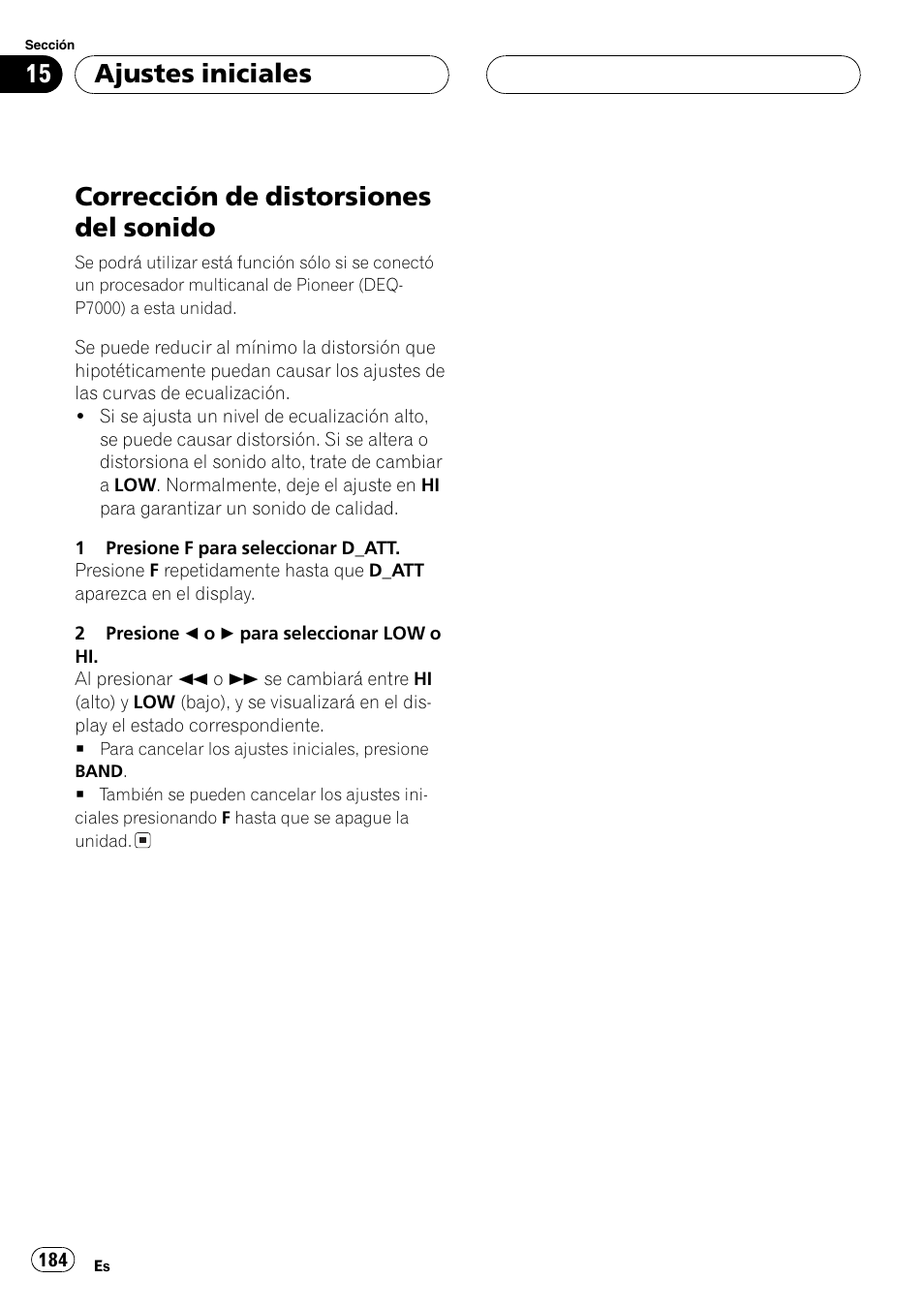 Corrección de distorsiones del sonido 184, Corrección de distorsiones del sonido, Ajustes iniciales | Pioneer DVH-P5000MP User Manual | Page 184 / 204