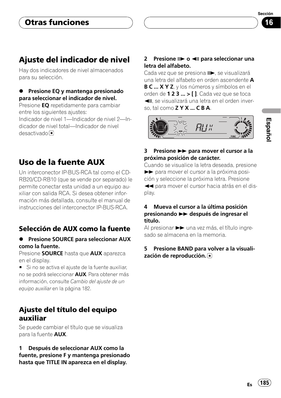 Ajuste del indicador de nivel, Uso de la fuente aux, Otras funciones | Pioneer DVH-P5000MP User Manual | Page 185 / 204