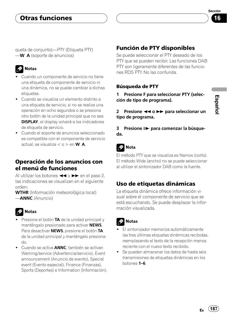Función de pty disponibles, La pá, Gina siguiente.) | Uso de etiquetas dinámicas, Otras funciones, Operación de los anuncios con el menú de funciones | Pioneer DVH-P5000MP User Manual | Page 187 / 204