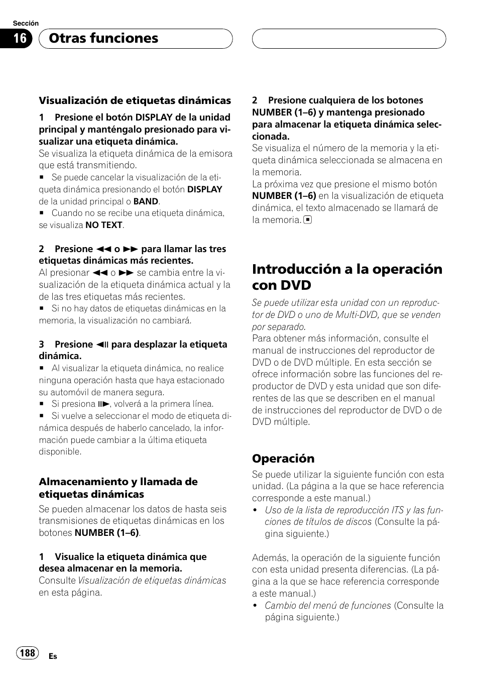 Introducción a la operación con dvd 188, Introducción a la operación con dvd, Otras funciones | Operación | Pioneer DVH-P5000MP User Manual | Page 188 / 204