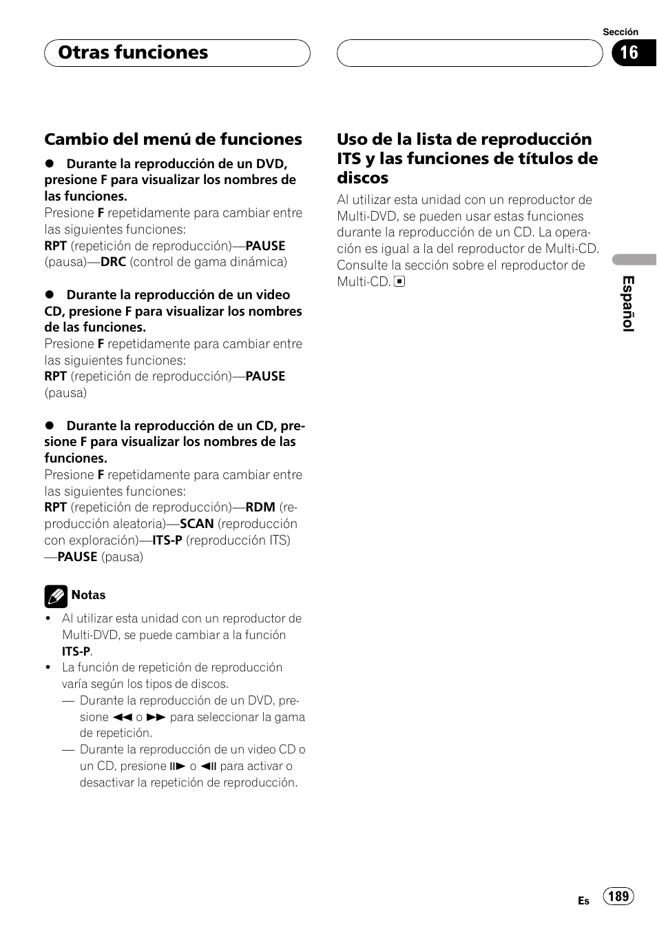 Uso de la lista de reproducción its y las fun, Ciones de títulos de discos, La pá | Gina siguiente.), Cambio del menú de funciones, Otras funciones | Pioneer DVH-P5000MP User Manual | Page 189 / 204