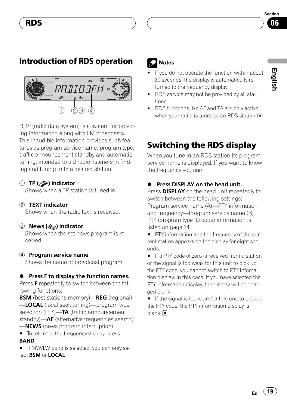Introduction of rds operation, Switching the rds display | Pioneer DVH-P5000MP User Manual | Page 19 / 204