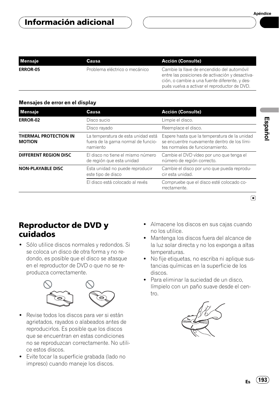 Reproductor de dvd y cuidados 193, Reproductor de dvd y cuidados, Información adicional | Español | Pioneer DVH-P5000MP User Manual | Page 193 / 204