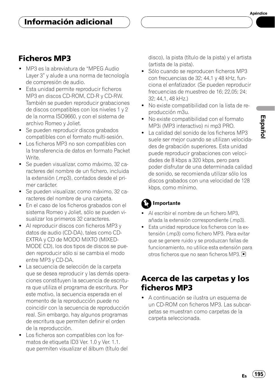 Mp3 195, Ficheros mp3, Acerca de las carpetas y los ficheros mp3 | Información adicional | Pioneer DVH-P5000MP User Manual | Page 195 / 204