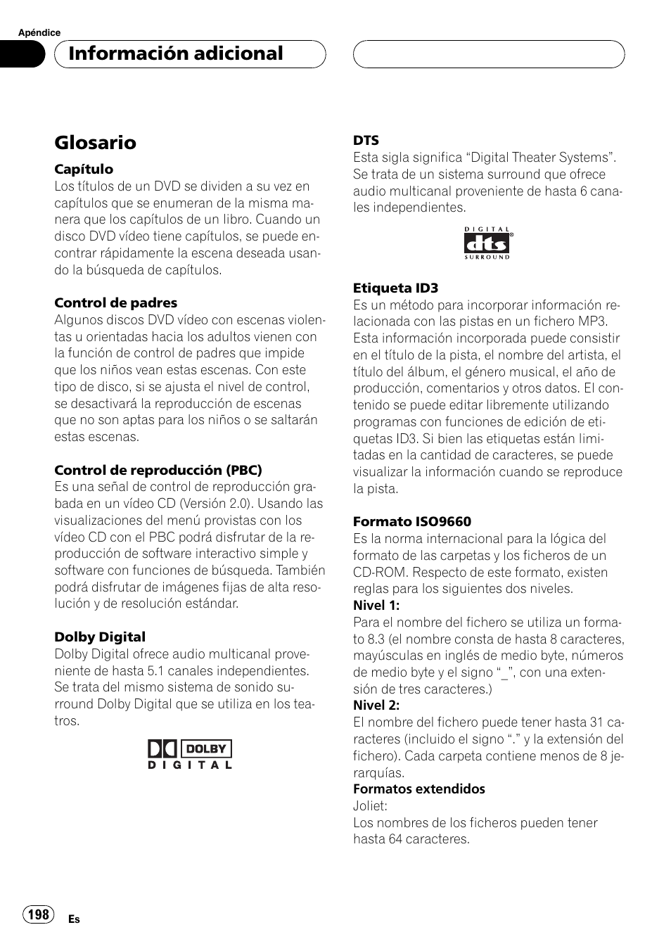 Glosario 198, Glosario, Información adicional | Pioneer DVH-P5000MP User Manual | Page 198 / 204