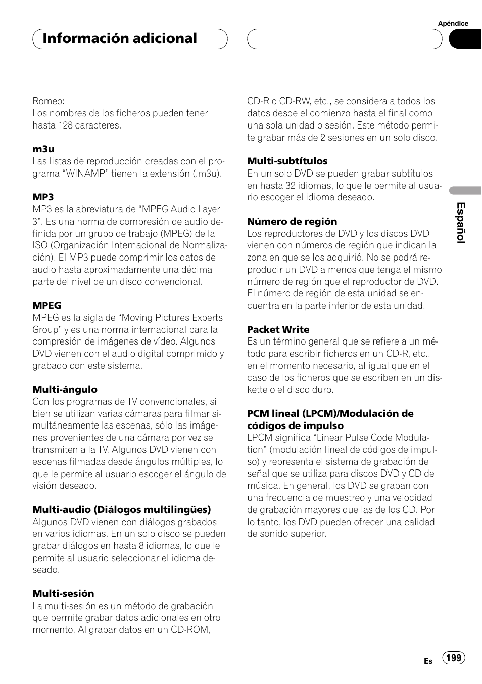 Información adicional | Pioneer DVH-P5000MP User Manual | Page 199 / 204