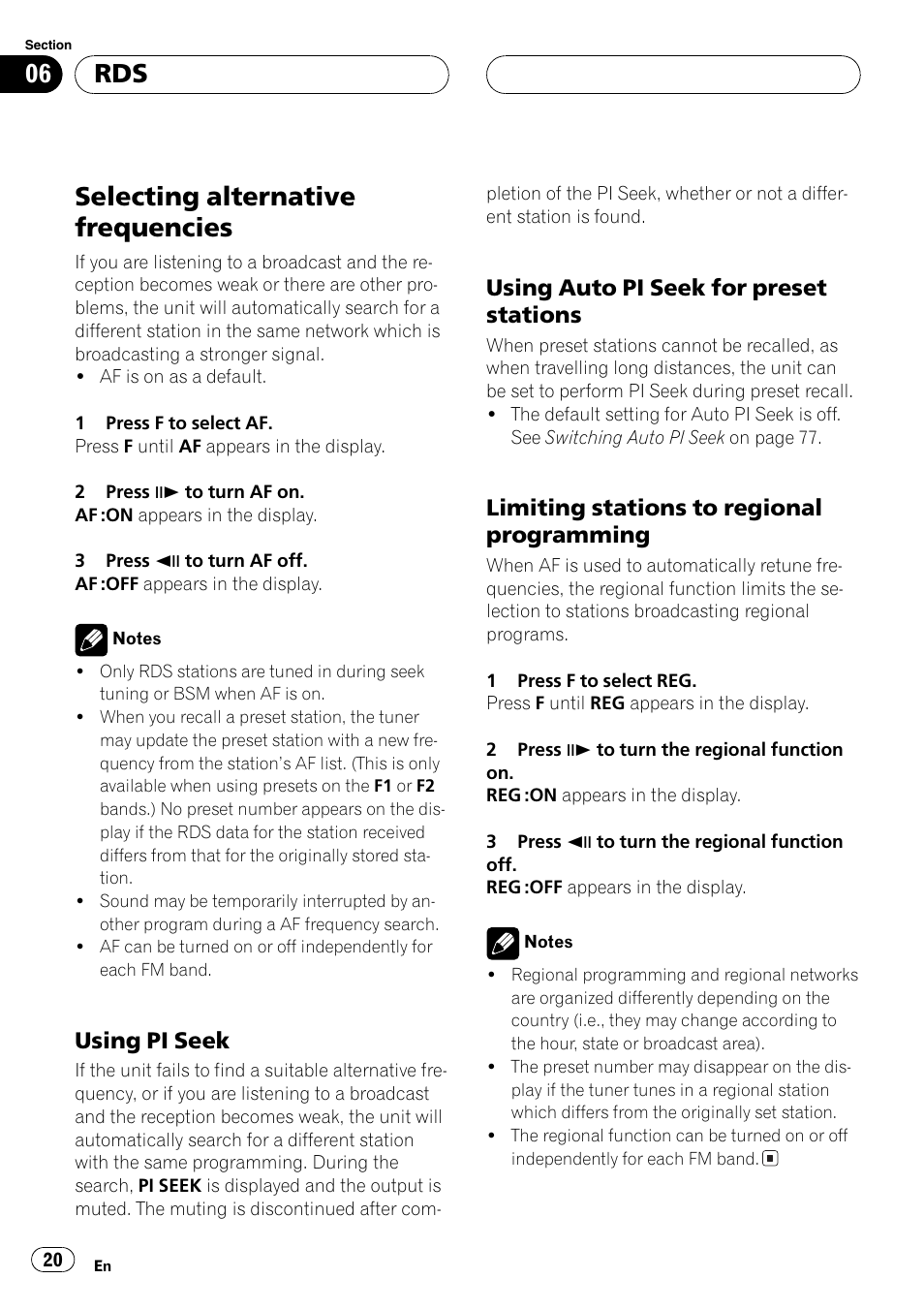 Selecting alternative frequencies 20, Selecting alternative frequencies, Using pi seek | Using auto pi seek for preset stations, Limiting stations to regional programming | Pioneer DVH-P5000MP User Manual | Page 20 / 204