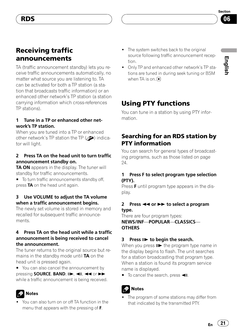 Receiving traffic announcements, Using pty functions, Searching for an rds station by pty information | Pioneer DVH-P5000MP User Manual | Page 21 / 204