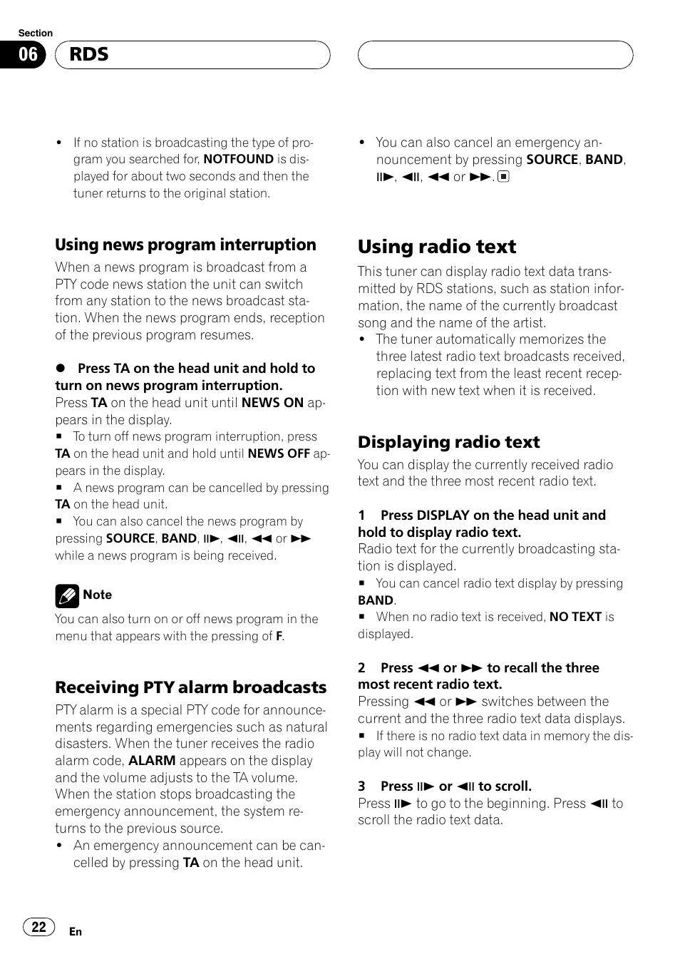 Using radio text 22, Using radio text, Using news program interruption | Receiving pty alarm broadcasts, Displaying radio text | Pioneer DVH-P5000MP User Manual | Page 22 / 204