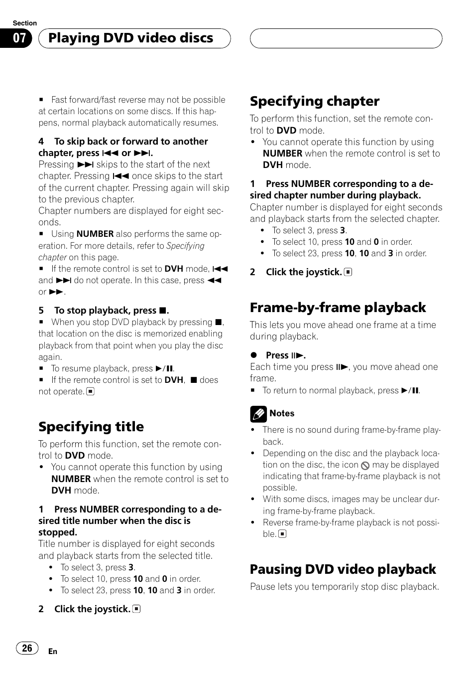 Specifying title, Specifying chapter, Frame-by-frame playback | Pausing dvd video playback, Playing dvd video discs | Pioneer DVH-P5000MP User Manual | Page 26 / 204