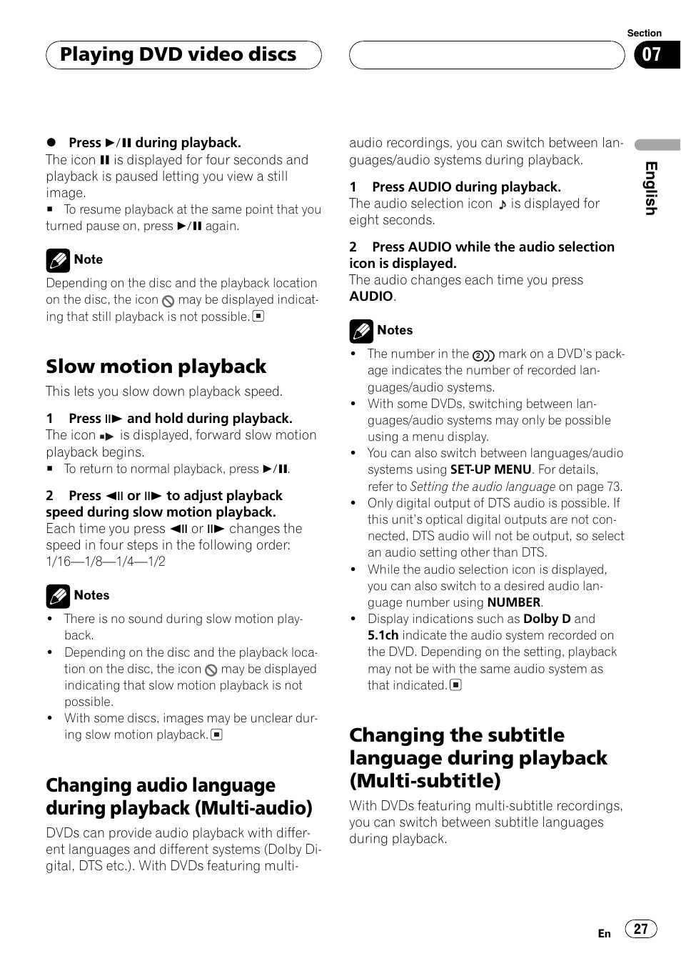 Multi-audio) 27, Changing the subtitle language during, Playback (multi-subtitle) 27 | Slow motion playback, Playing dvd video discs | Pioneer DVH-P5000MP User Manual | Page 27 / 204