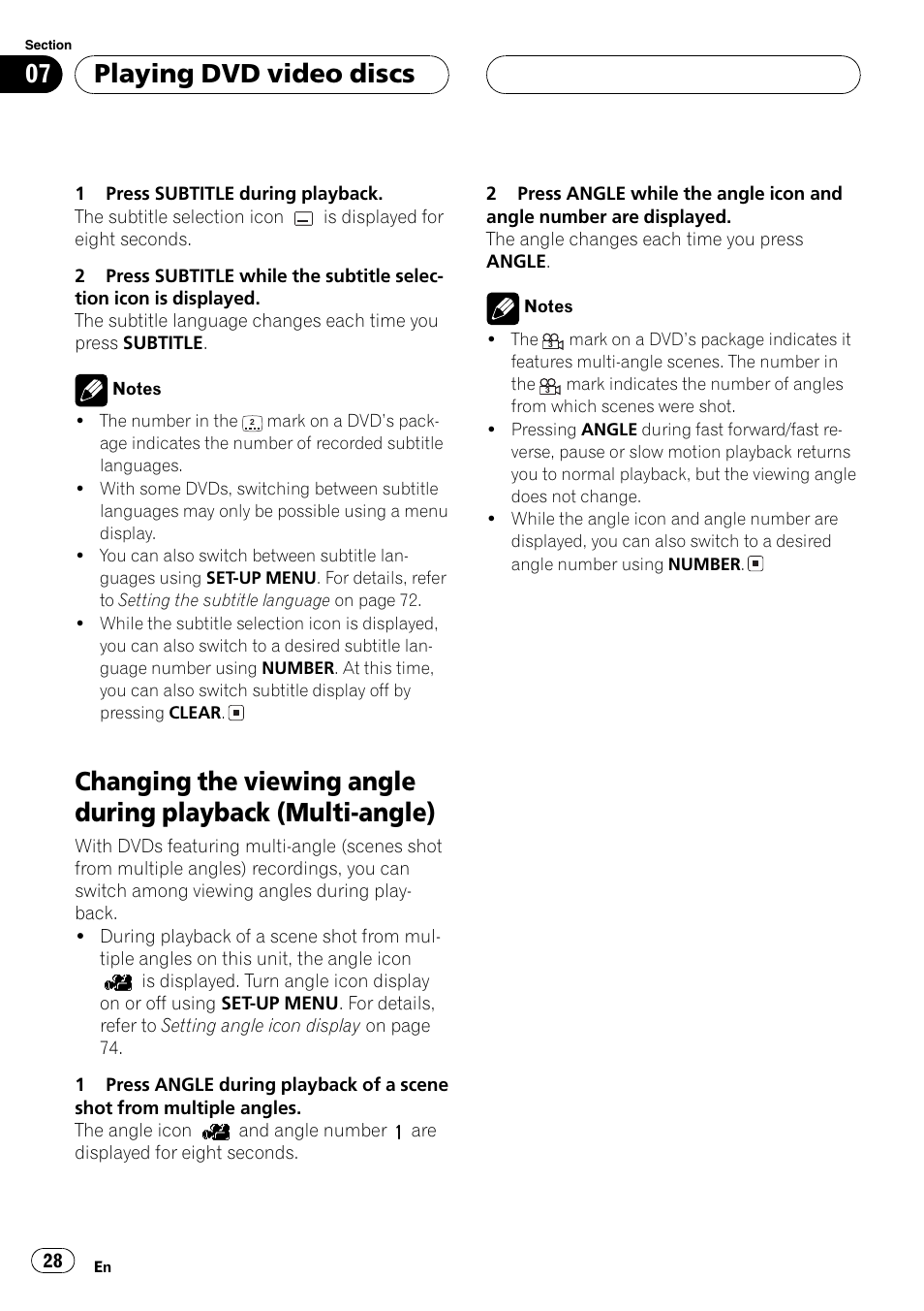 Changing the viewing angle during playback, Multi-angle) 28, Playing dvd video discs | Pioneer DVH-P5000MP User Manual | Page 28 / 204