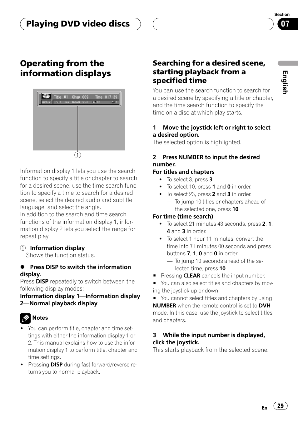Operating from the information displays 29, Operating from the information displays, Playing dvd video discs | Pioneer DVH-P5000MP User Manual | Page 29 / 204