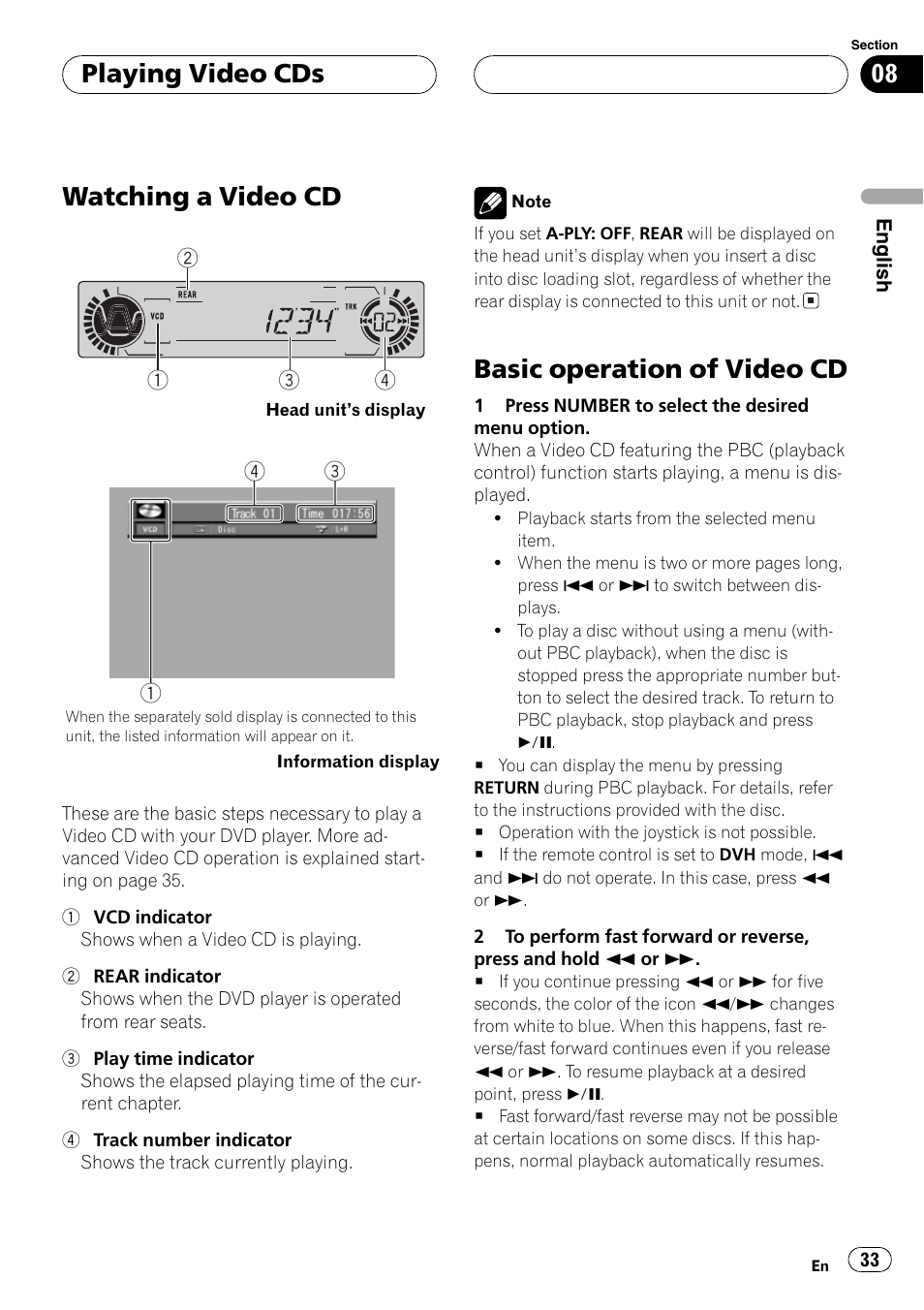Watching a video cd, Basic operation of video cd, Playing video cds | Pioneer DVH-P5000MP User Manual | Page 33 / 204