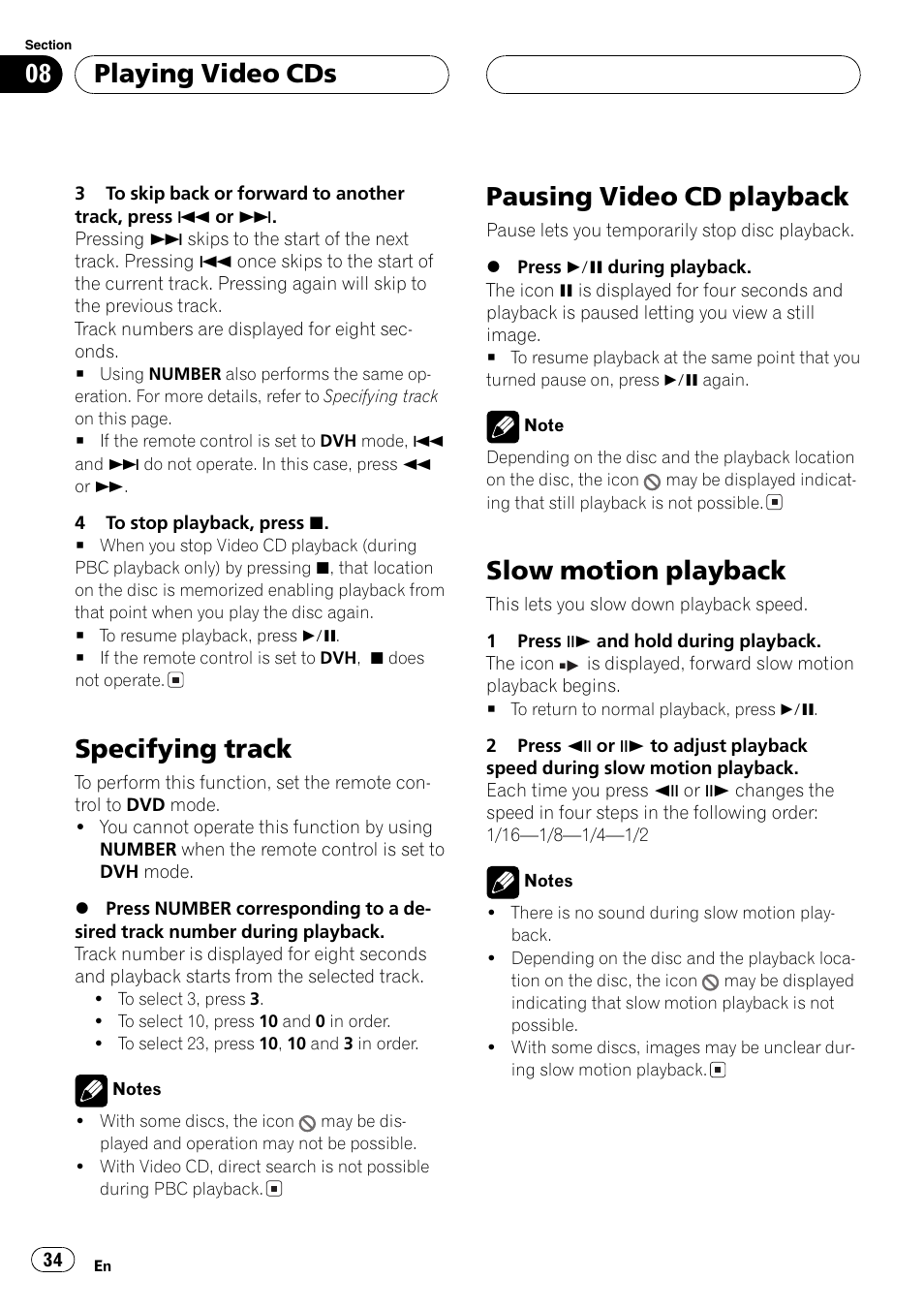 Specifying track, Pausing video cd playback, Slow motion playback | Playing video cds | Pioneer DVH-P5000MP User Manual | Page 34 / 204