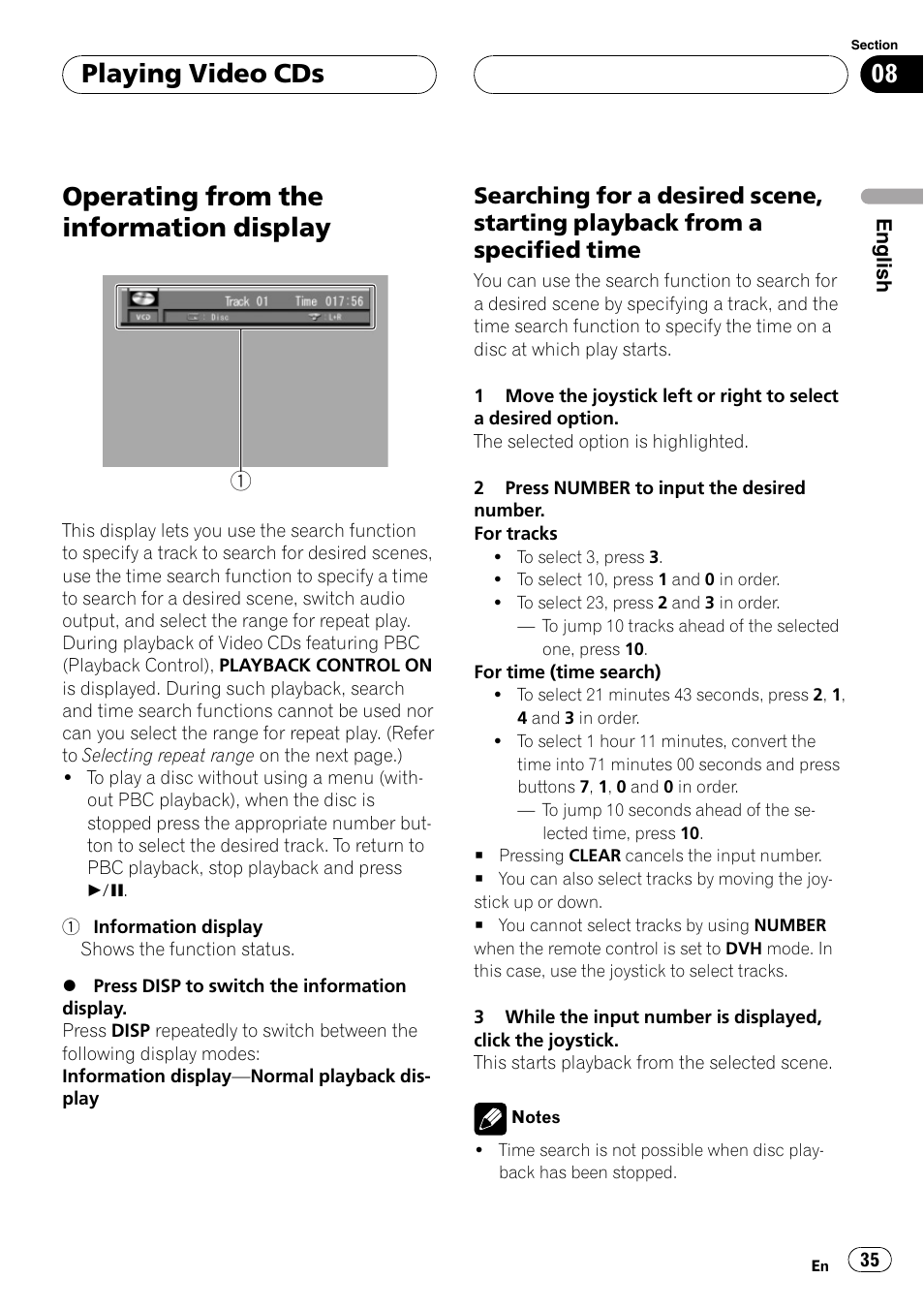 Operating from the information display 35, Operating from the information display, Playing video cds | Pioneer DVH-P5000MP User Manual | Page 35 / 204