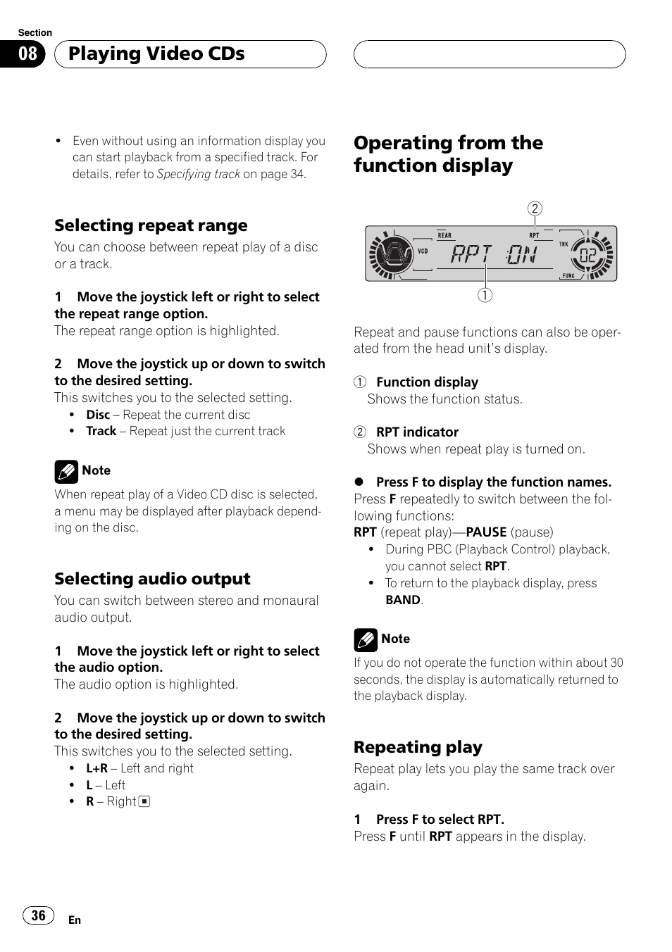 Operating from the function display 36, Operating from the function display, Playing video cds | Selecting repeat range, Selecting audio output, Repeating play | Pioneer DVH-P5000MP User Manual | Page 36 / 204