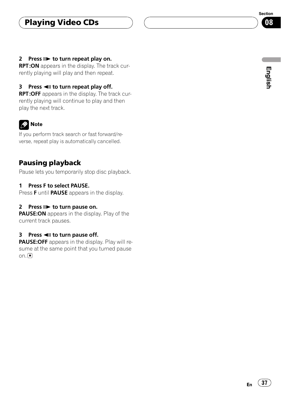 Playing video cds, Pausing playback | Pioneer DVH-P5000MP User Manual | Page 37 / 204